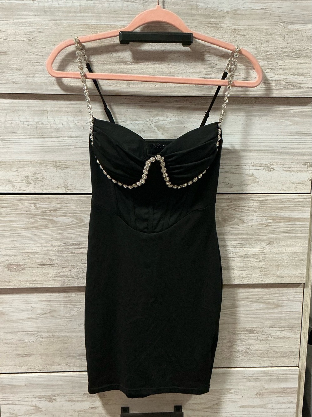 Black Rhinestone-Trim Mini Dress with Crystal Straps